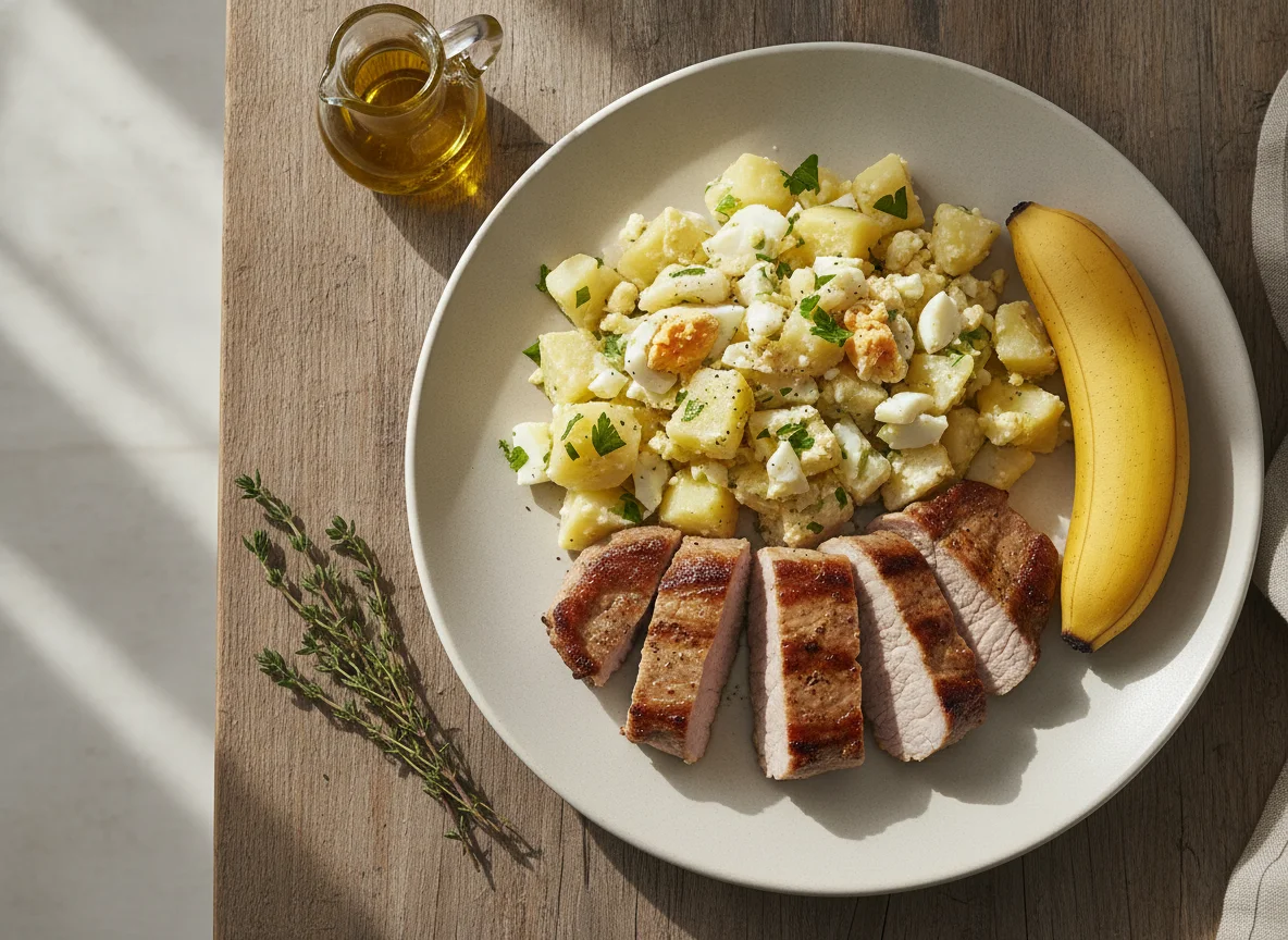 Lomo de cerdo con ensalada de patata y huevo, y plátano photo