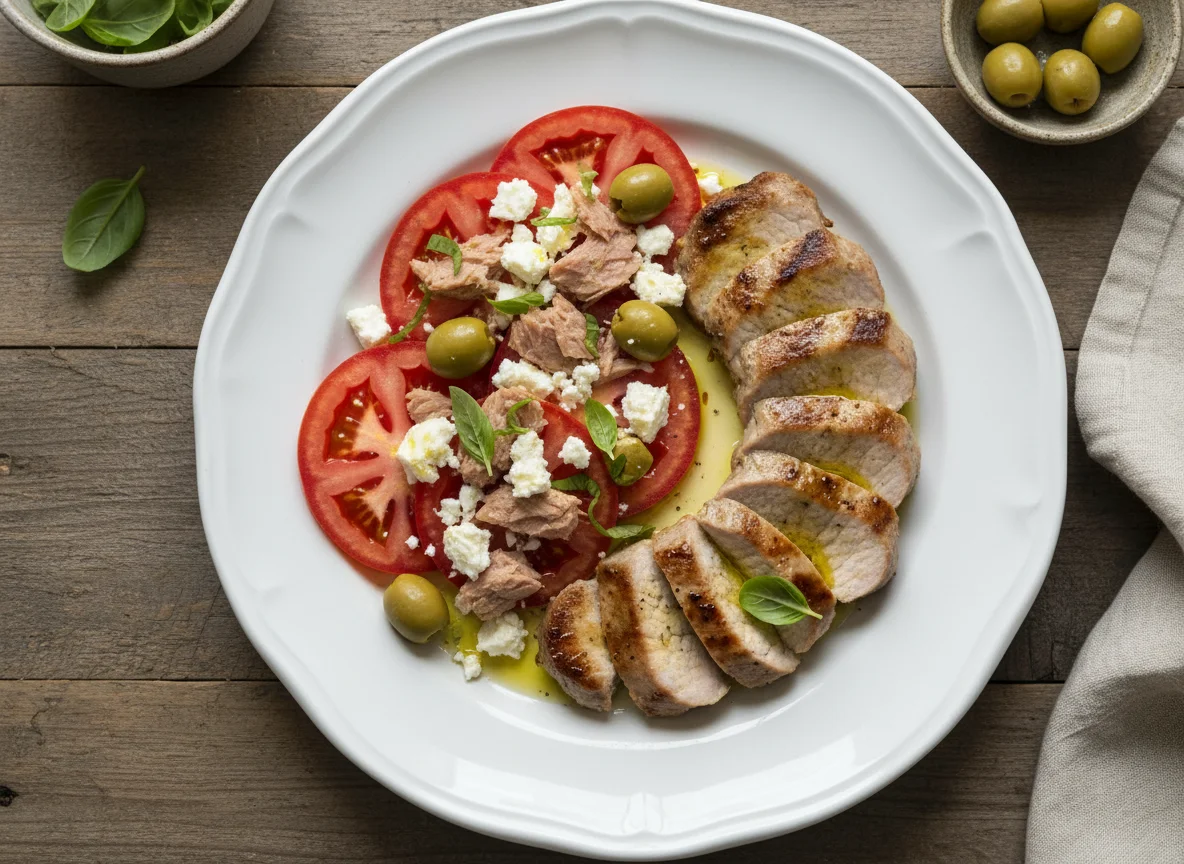 Lomo de cerdo con ensalada de tomate, atún, aceitunas y queso fresco photo