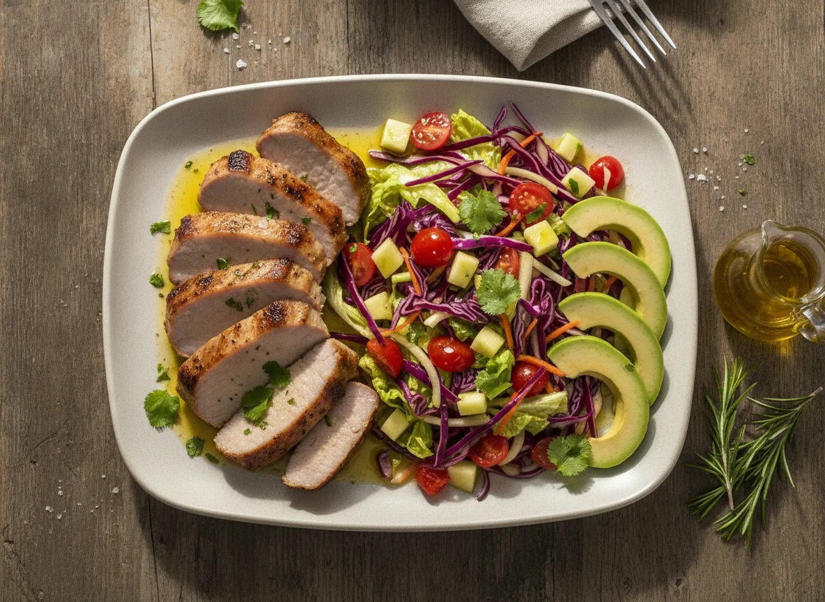 Lomo de cerdo con ensalada y aguacate photo