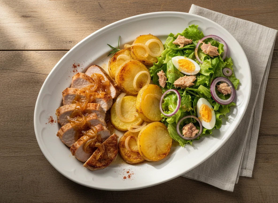 Lomo de cerdo con ensalada y patata panadera photo