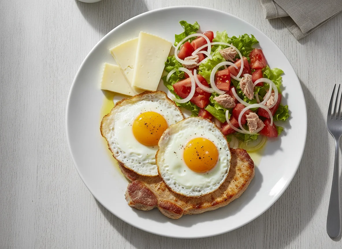 Lomo de cerdo con huevos fritos, queso y ensalada photo