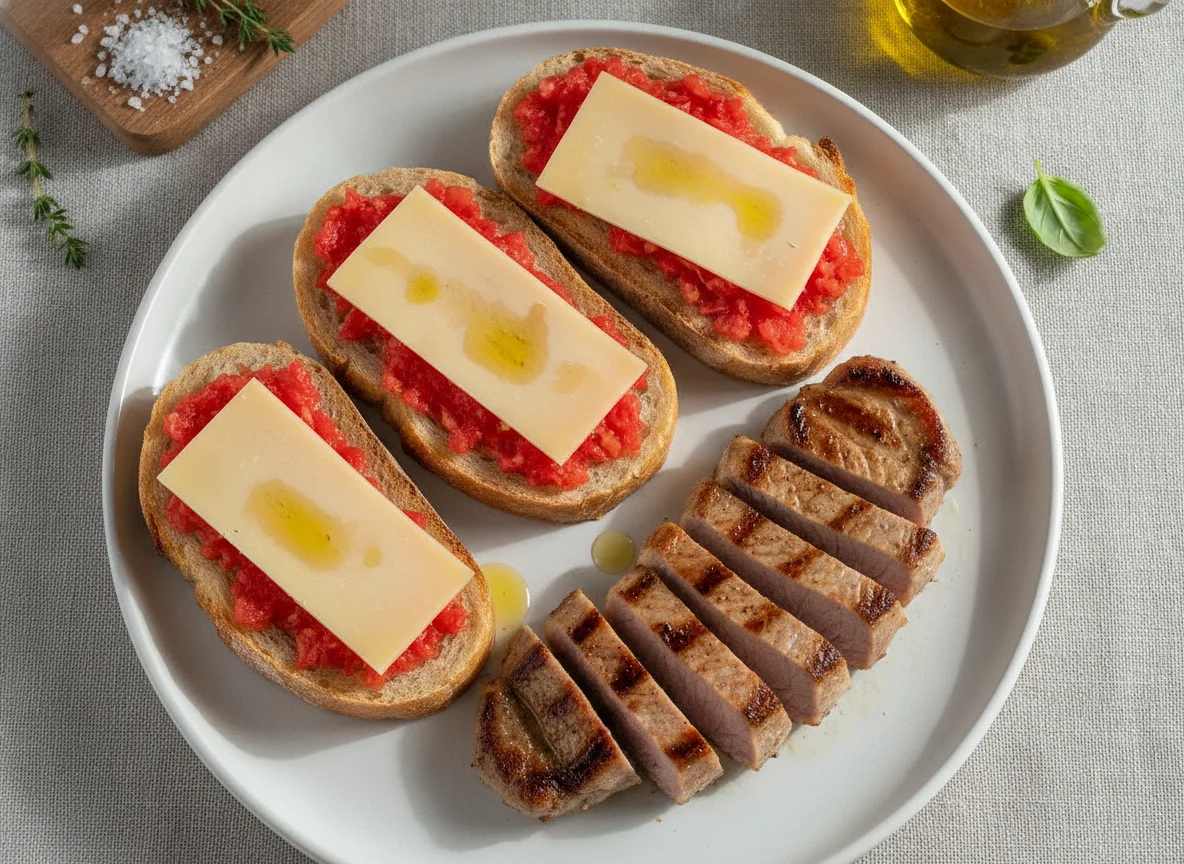 Lomo de cerdo con pan con tomate y queso photo