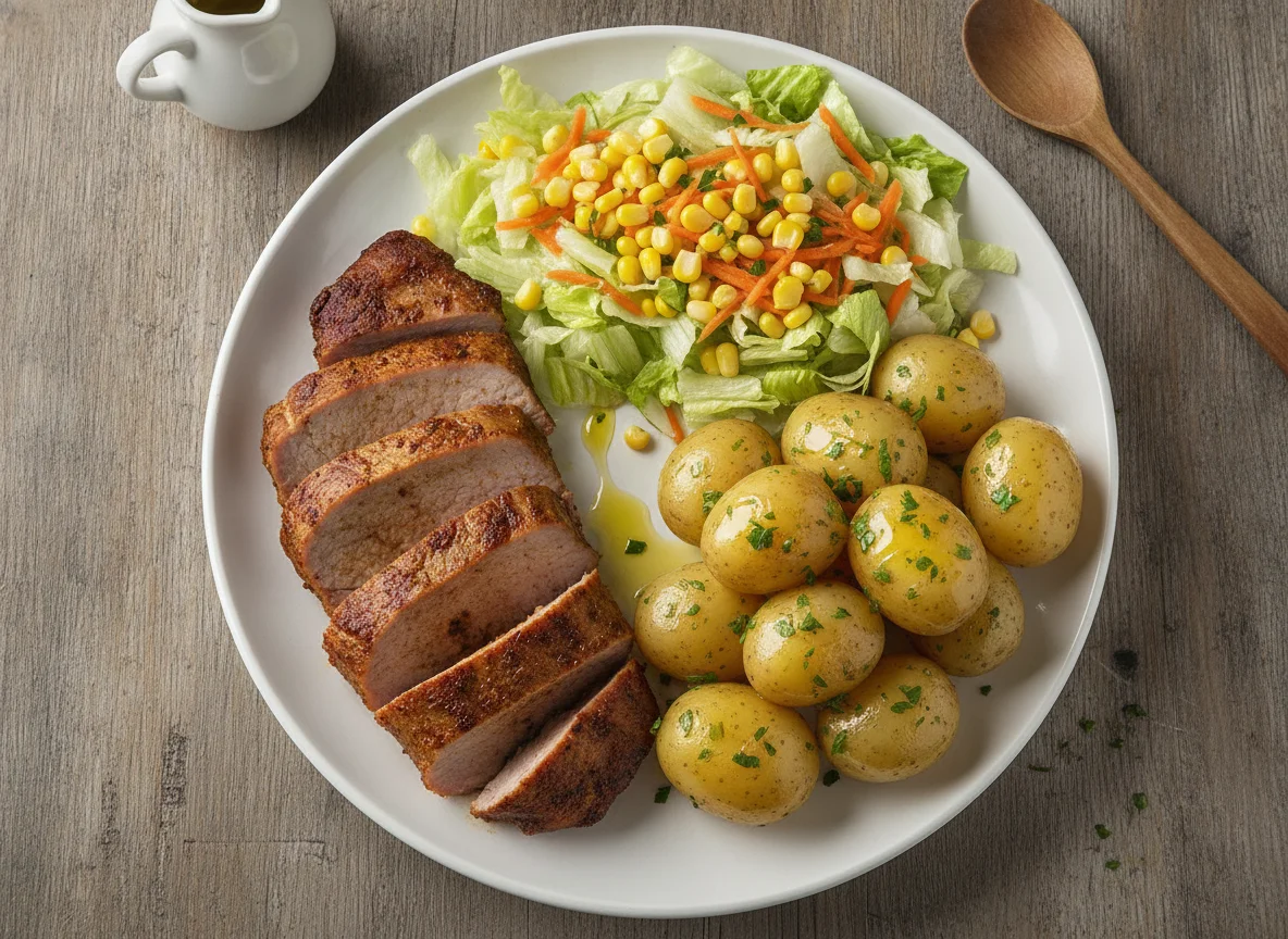Lomo de cerdo con patatas cocidas y ensalada mixta photo