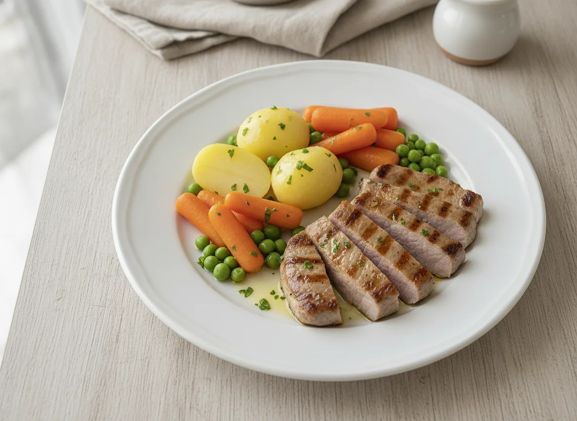 Lomo de cerdo con patatas cocidas, zanahorias y guisantes photo