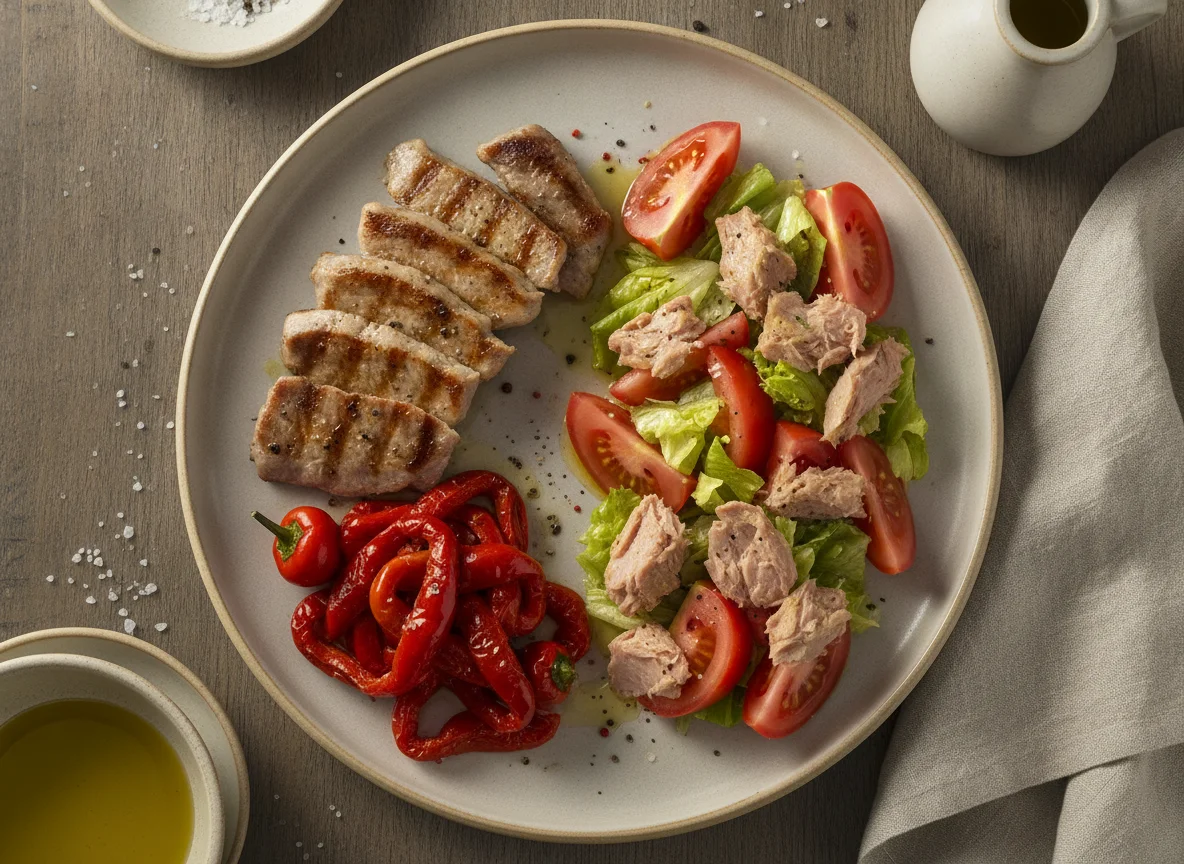 Lomo de cerdo con pimientos del piquillo y ensalada de tomate con atún photo