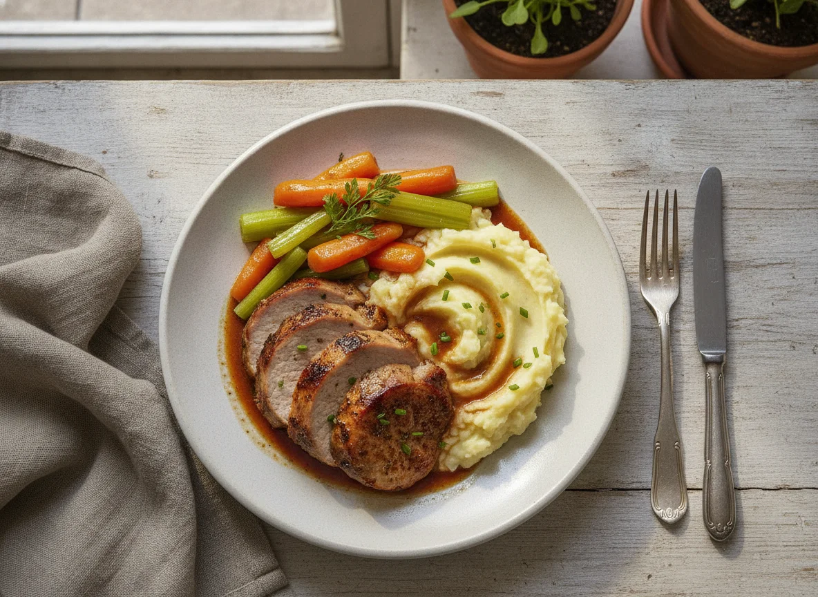 Lomo de cerdo con puré de papa y vegetales photo
