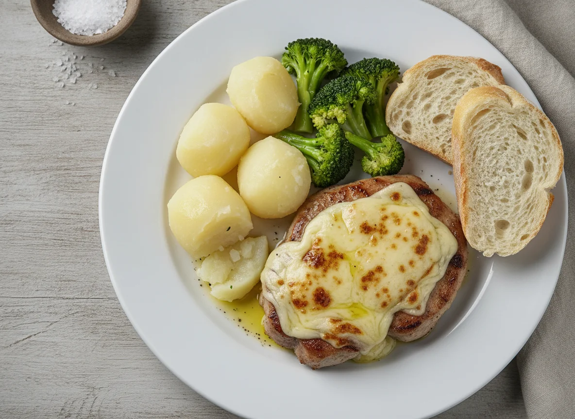 Lomo de cerdo con queso, patatas cocidas, brócoli y pan photo