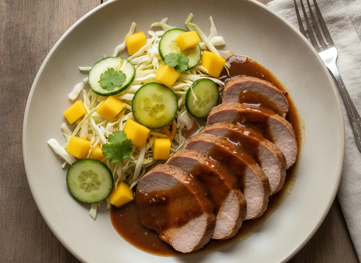 Lomo de cerdo en salsa con ensalada de mango y pepino photo