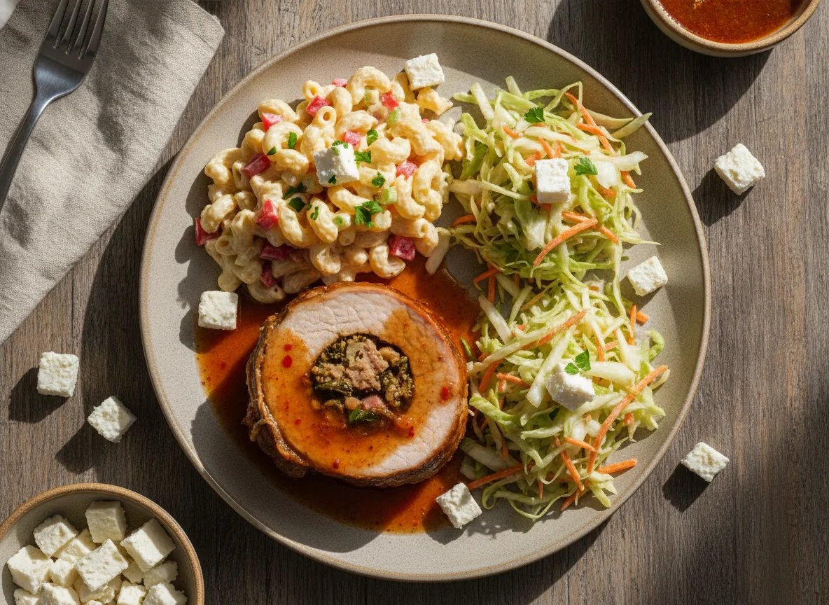 Lomo de cerdo relleno con ensalada de coditos y ensalada fresca photo