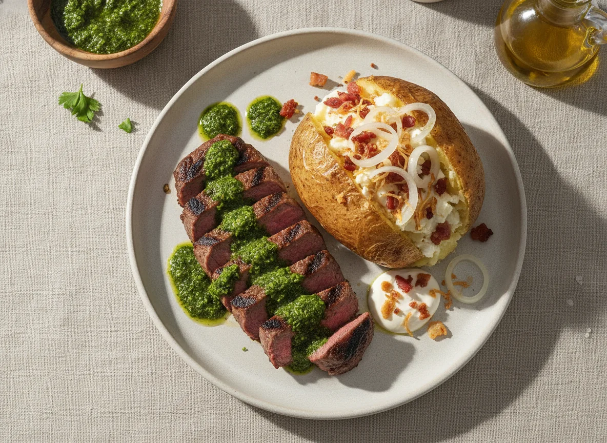 Lomo de res con papa rellena y chimichurri photo