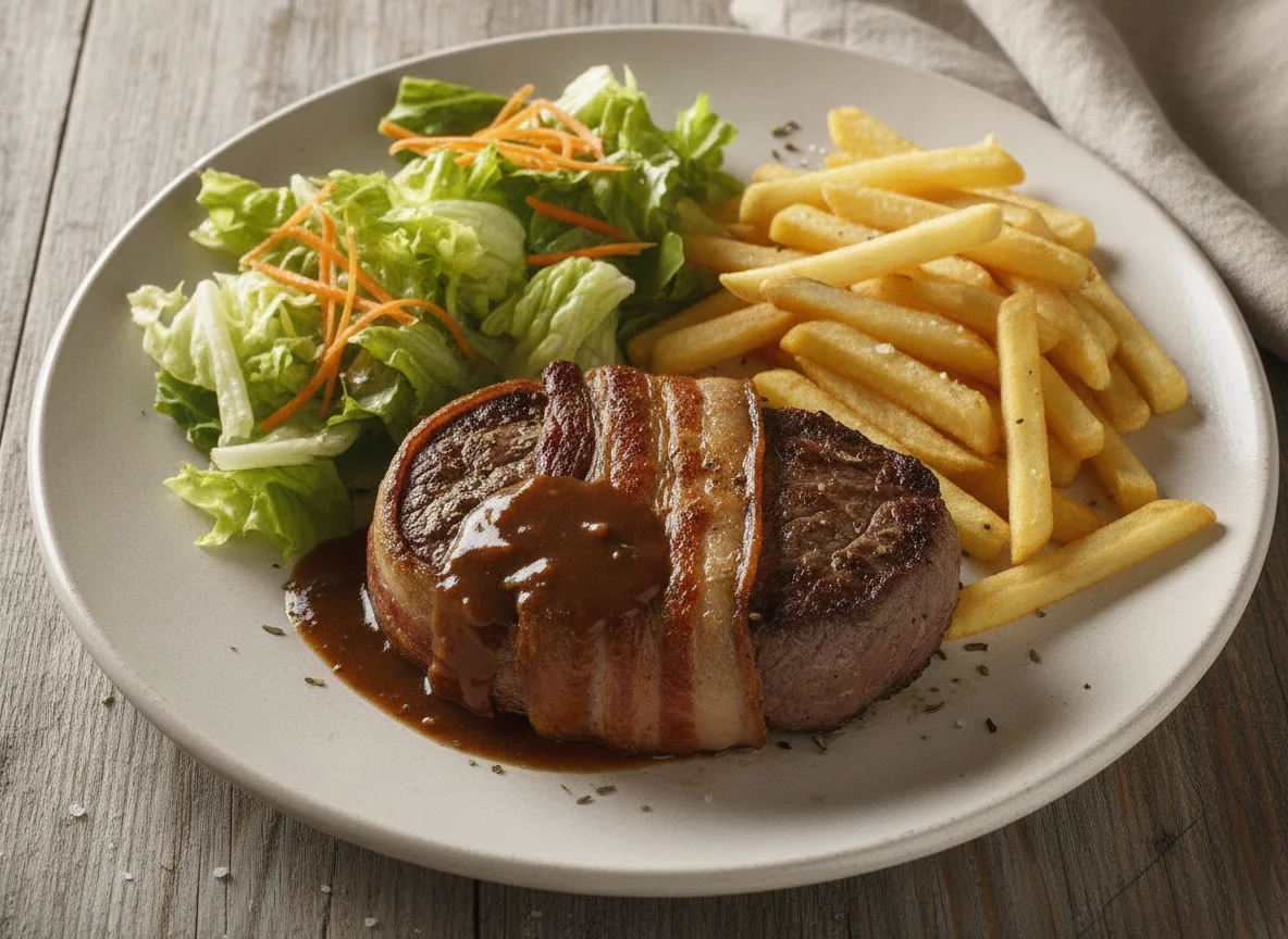 Lomo envuelto en panceta con papas fritas y ensalada photo