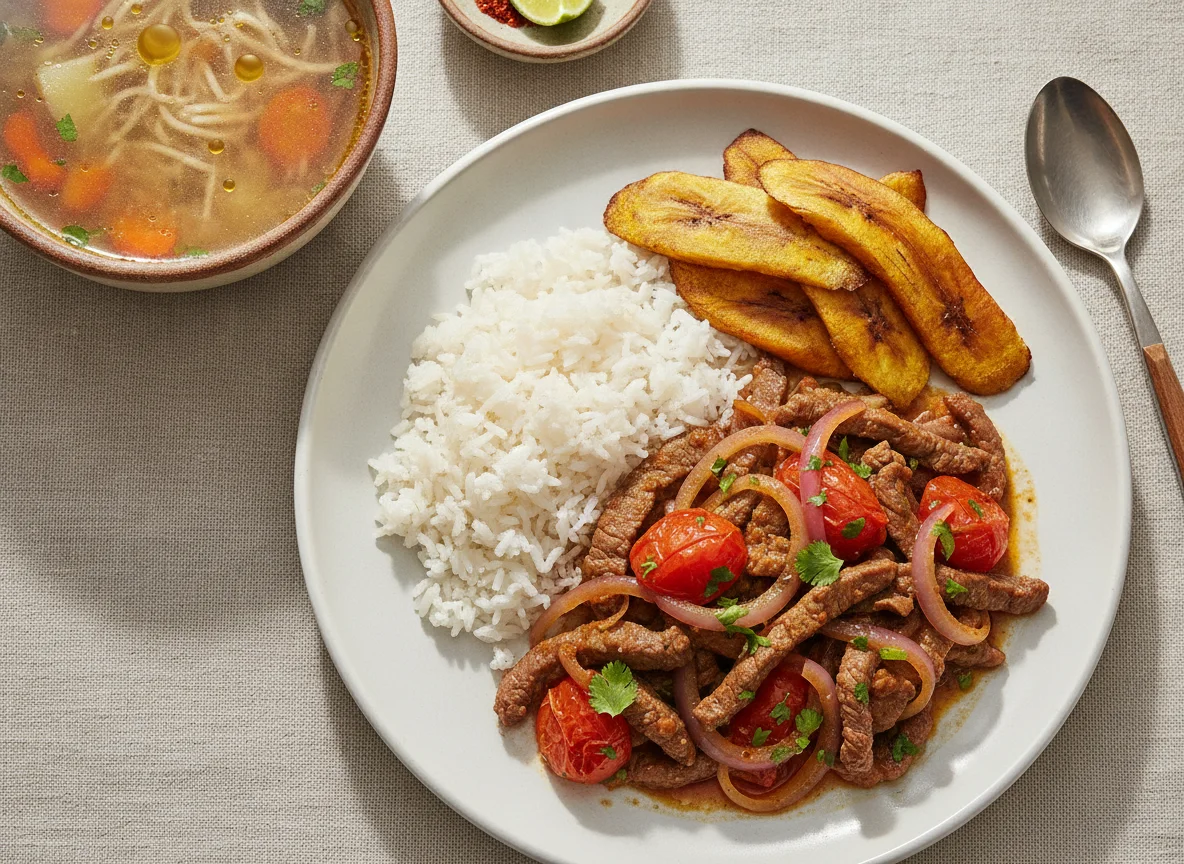 Lomo Saltado con Arroz, Plátano Frito y Sopa de Fideos photo