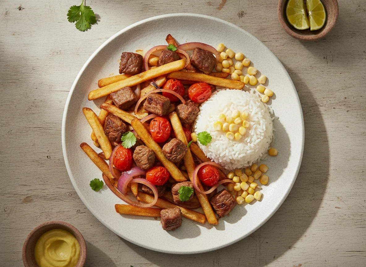 Lomo Saltado con Arroz y Maíz photo