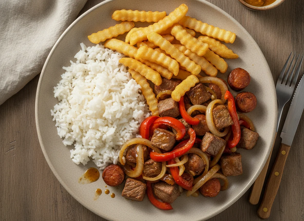 Lomo saltado con arroz y papas fritas photo