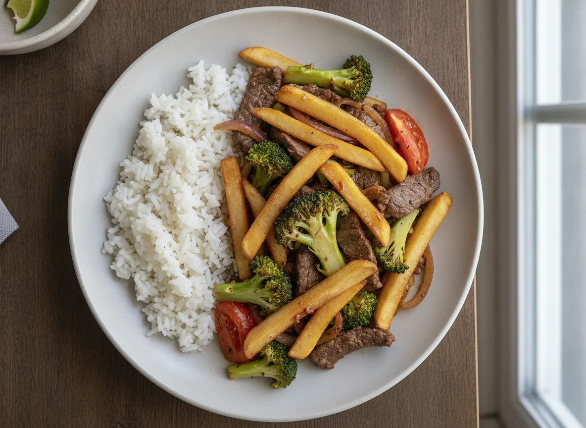 Lomo saltado con brócoli y arroz photo