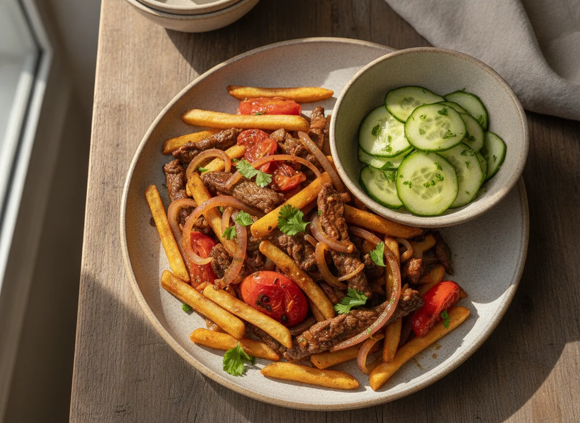 Lomo Saltado con ensalada de pepino photo