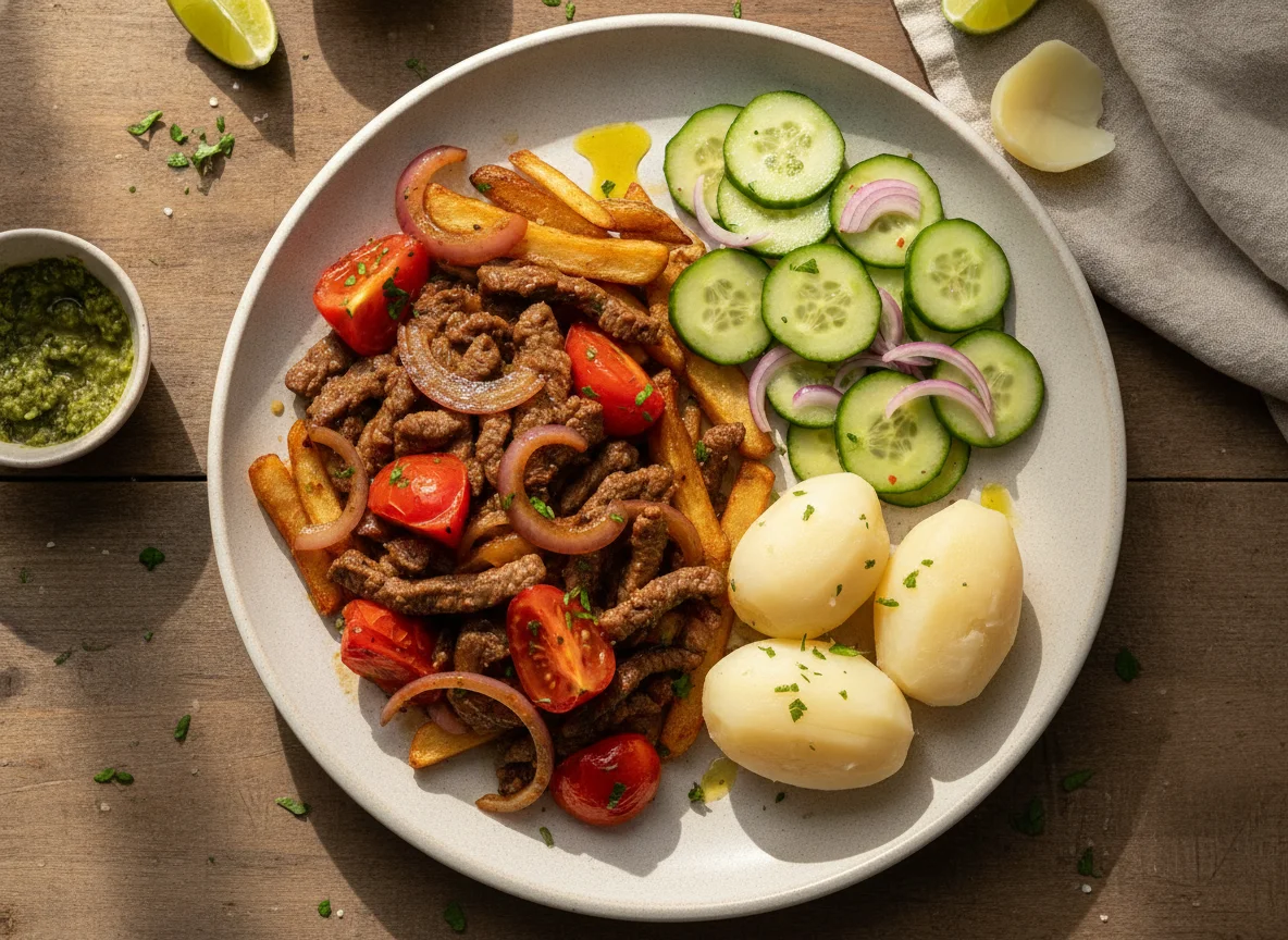 Lomo saltado con ensalada de pepino y papa sancochada photo