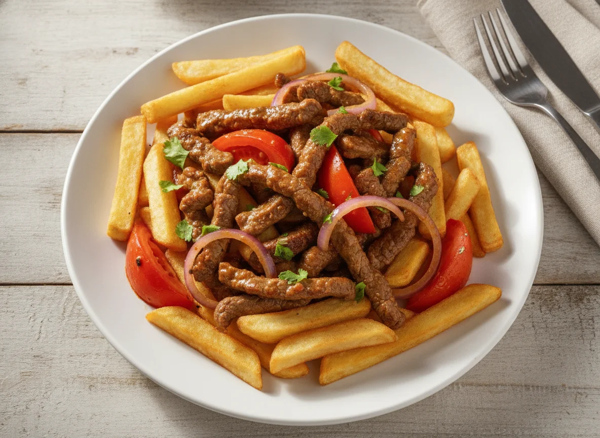 Lomo saltado con papas fritas photo