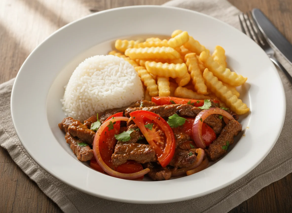 Lomo Saltado con papas fritas y arroz photo