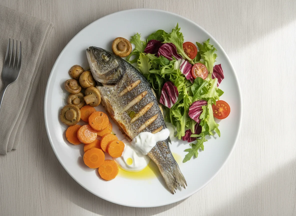 Lubina a la plancha con champiñones, zanahoria y ensalada mixta photo