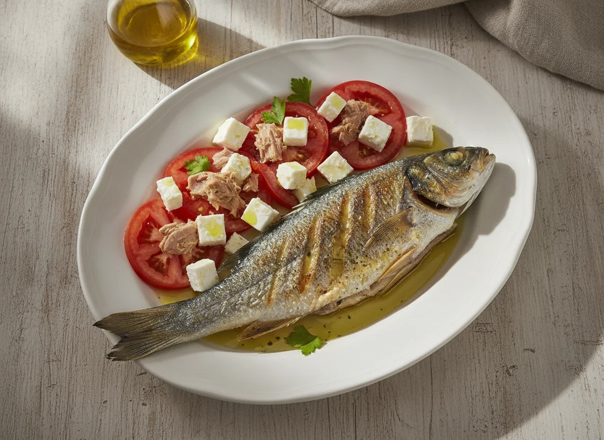 Lubina a la plancha con ensalada de tomate, atún y queso fresco photo