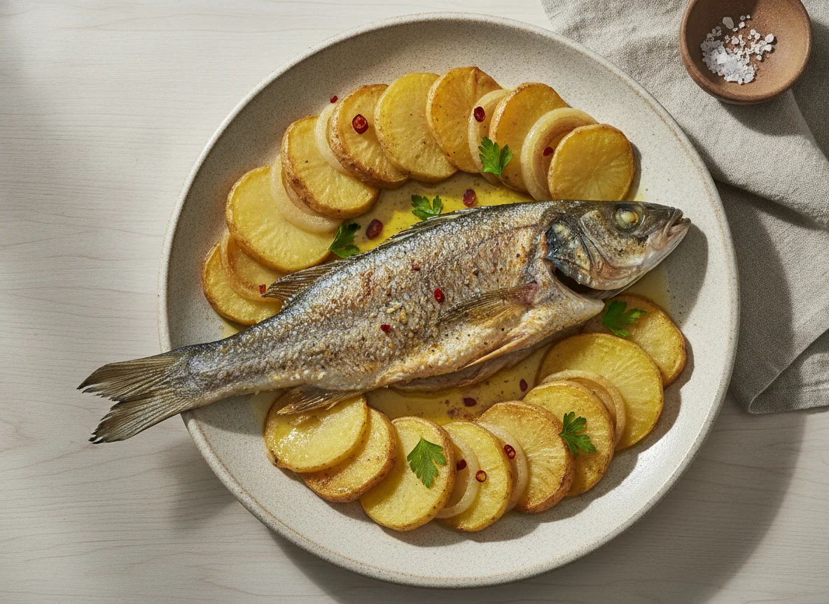 Lubina al horno con patatas panadera photo