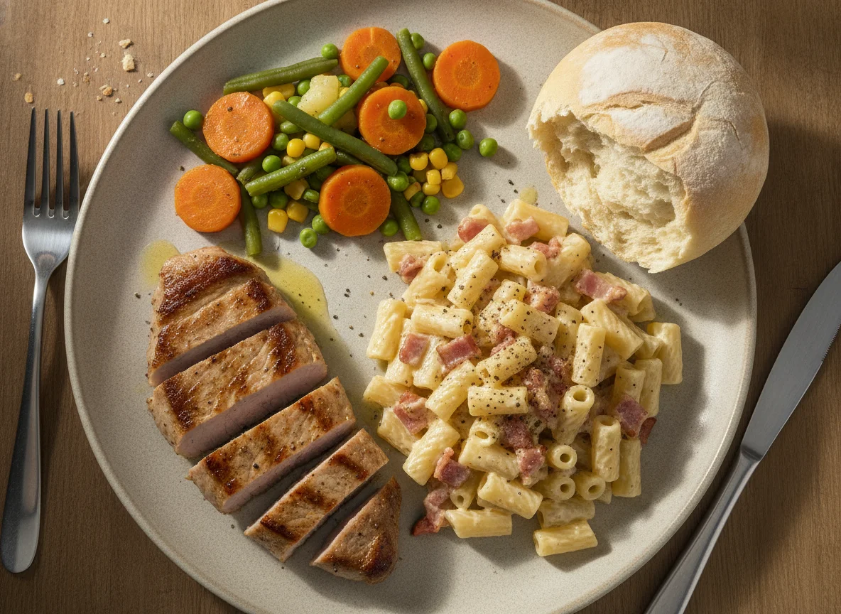 Macarrones a la carbonara, lomo de cerdo con menestra de verduras y pan photo
