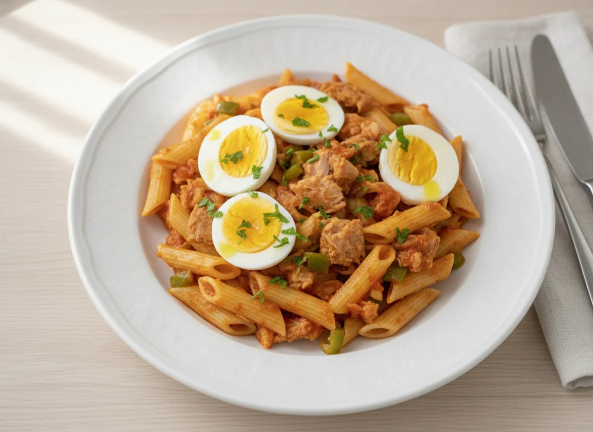 Macarrones con atún, tomate y huevo duro photo