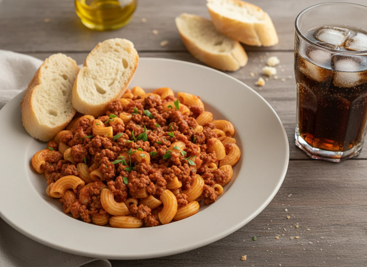 Macarrones con carne picada y pan photo