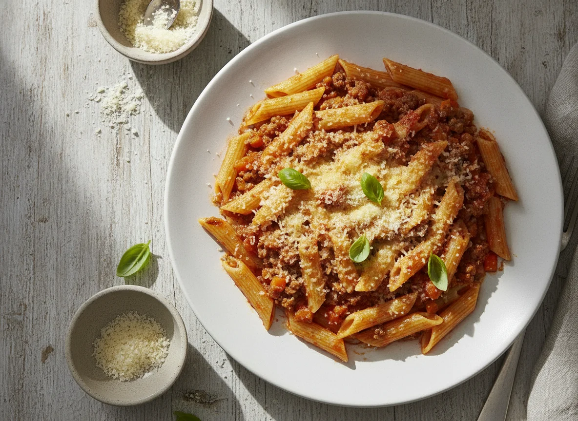 Macarrones con carne picada y queso photo