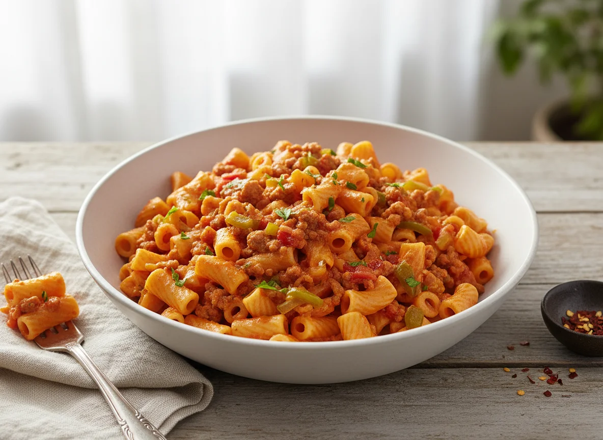 Macarrones con carne picada y verduras photo