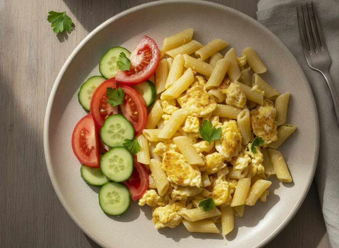 Macarrones con huevo y ensalada de tomate y pepino photo