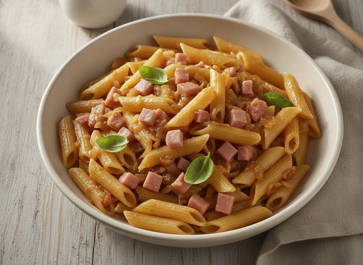 Macarrones con jamón y cebolla photo