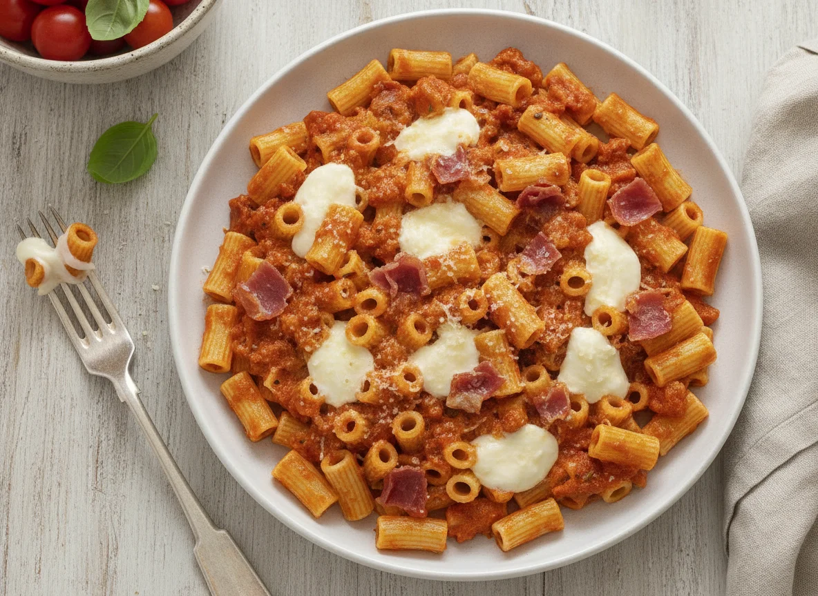 Macarrones con salsa de tomate, jamón y queso photo