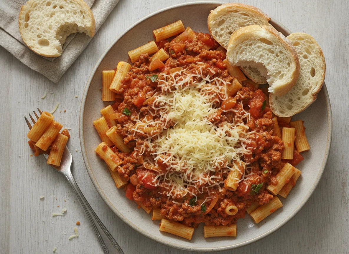Macarrones con tomate, carne y pan photo