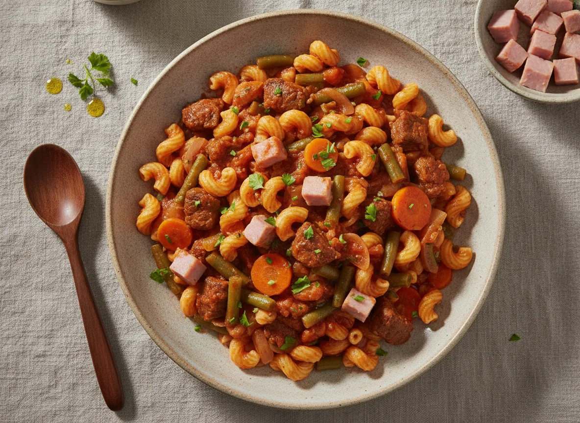 Macarrones con tomate, salteado de verduras con carne y jamón cocido photo