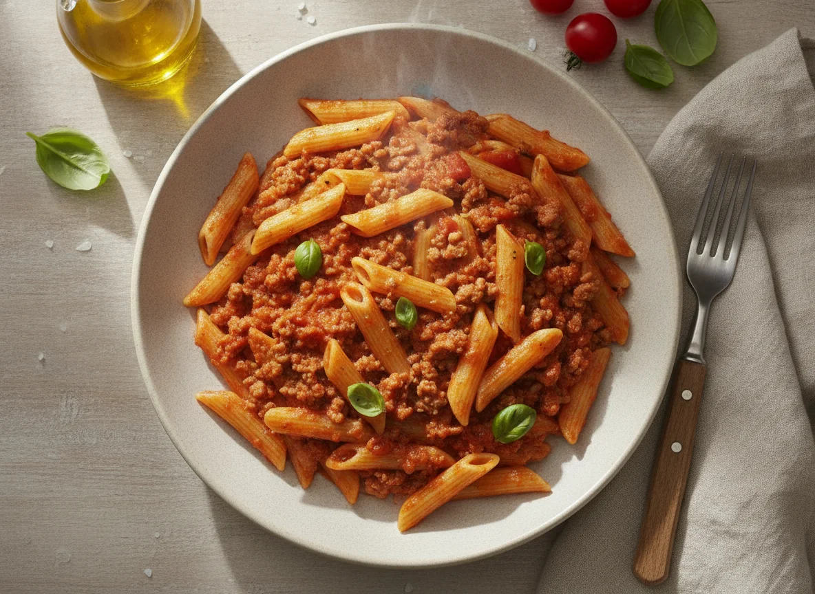 Macarrones con tomate y carne picada photo