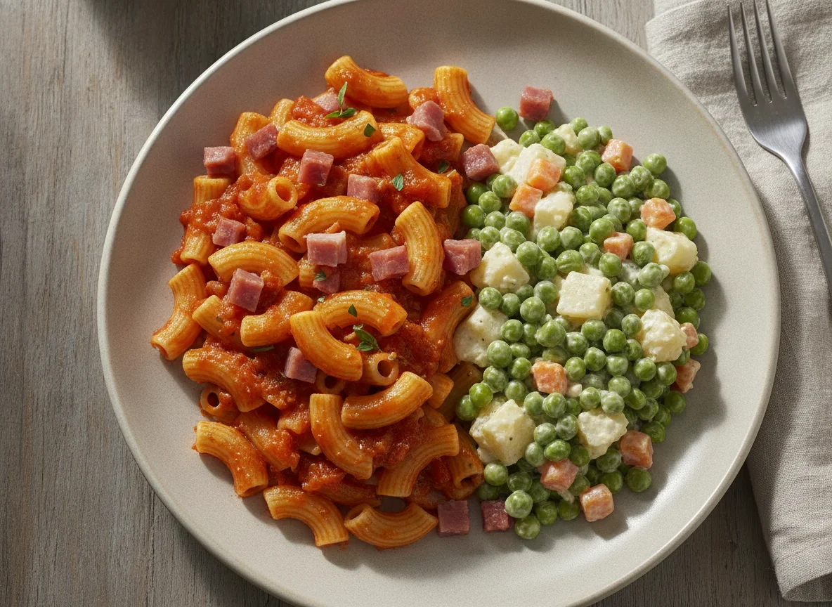 Macarrones con tomate y ensaladilla de guisantes photo