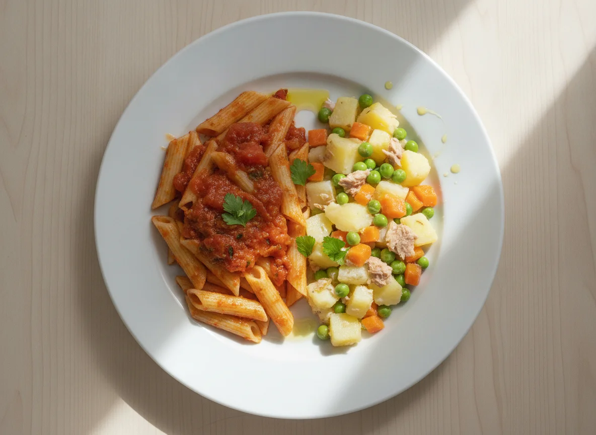 Macarrones con tomate y ensaladilla de verduras photo