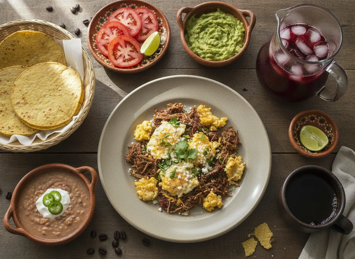 Machaca con huevo con frijoles y tortillas photo