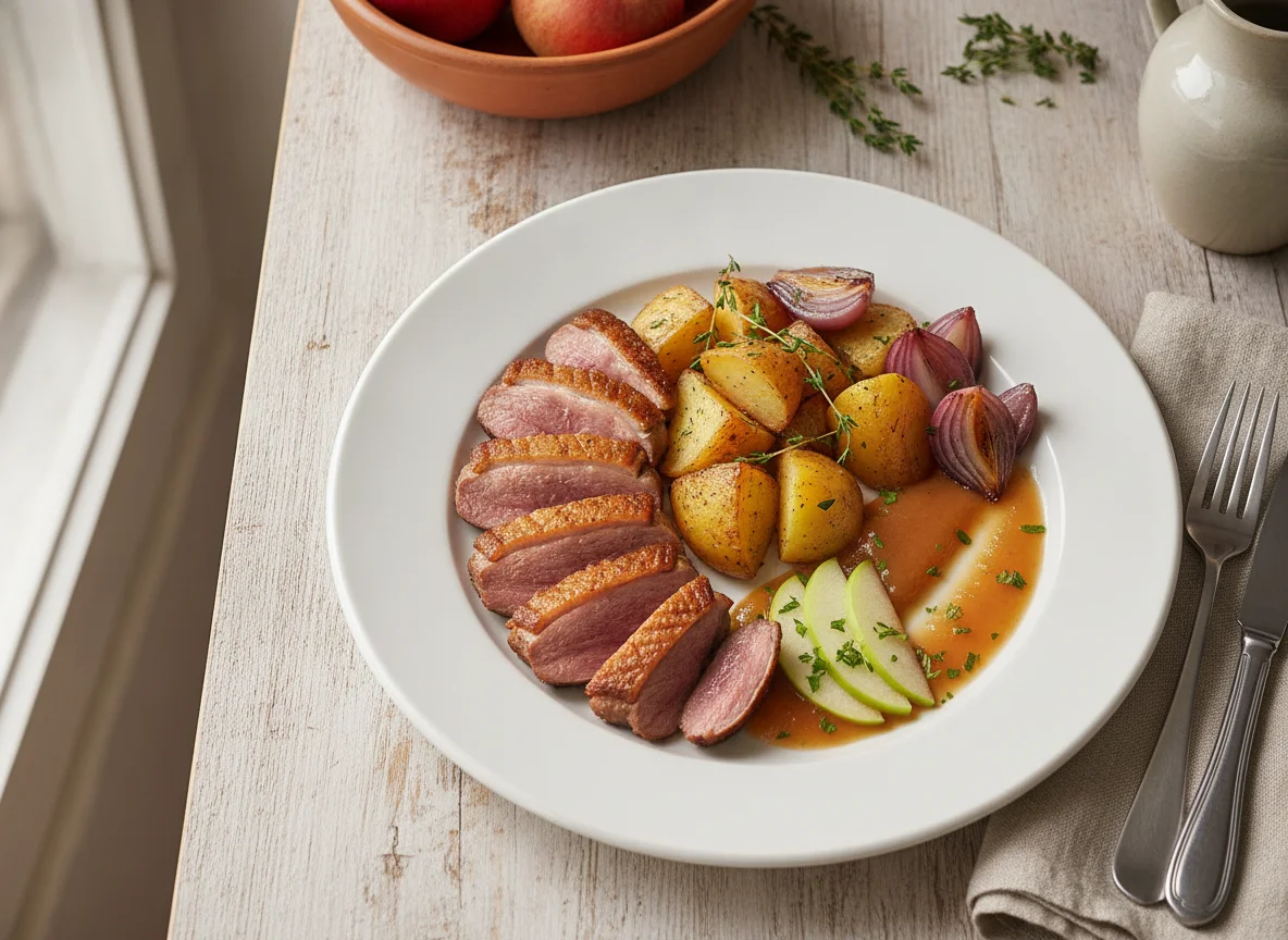 Magret de pato con patatas, cebolla y salsa de manzana photo
