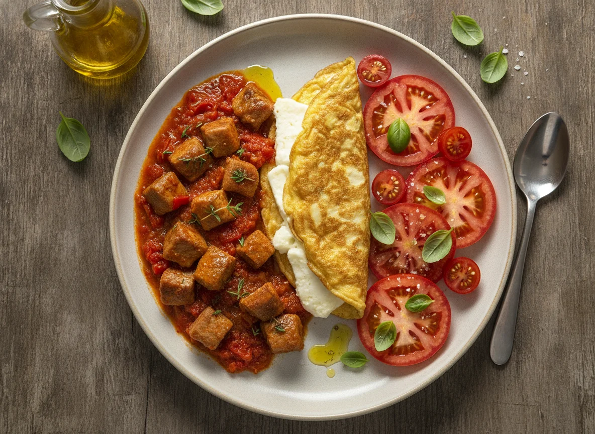 Magro con tomate, tortilla con queso y ensalada de tomate photo