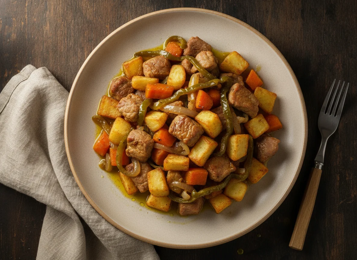 Magro de cerdo con patatas y verduras photo