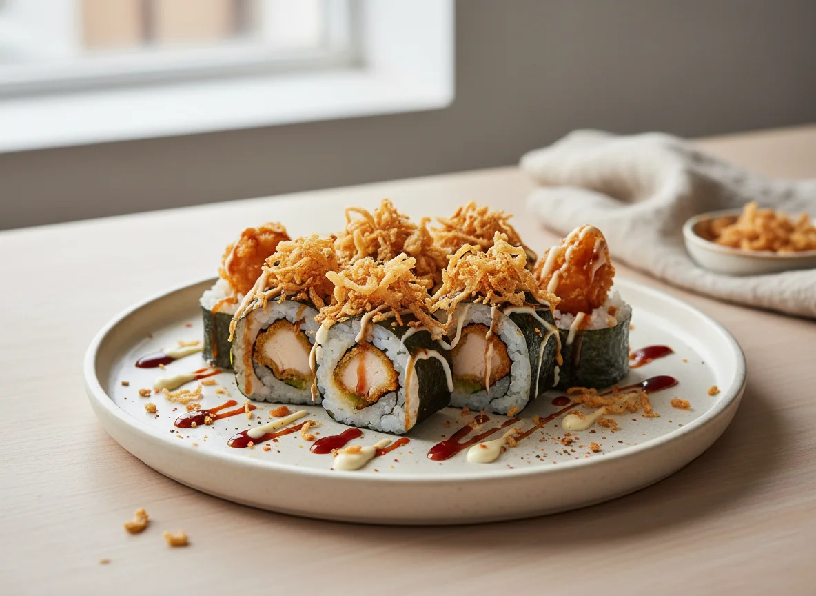 Maki de pollo crujiente y cebolla frita photo