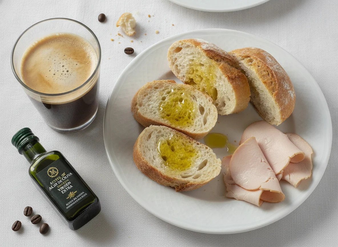 Manchado sin lactosa y pan de bollito chico con aceite de oliva y pavo photo
