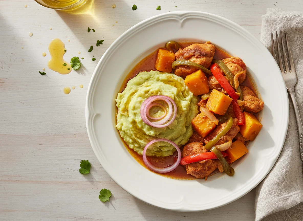 Mangú con pollo guisado photo