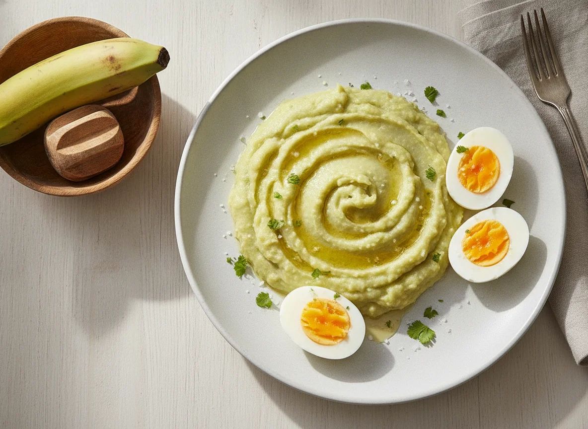 Mangú de plátano con huevos hervidos photo