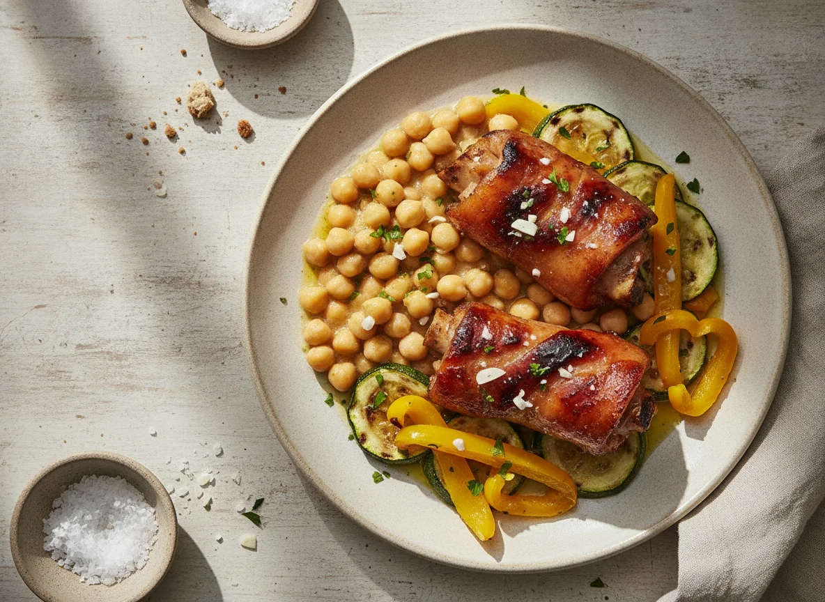 Manitas de cerdo a la brasa con garbanzos y verduras photo