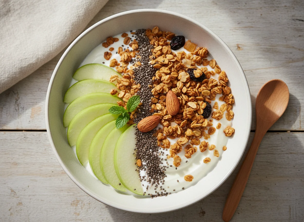 Manzana con yogur, granola y semillas photo