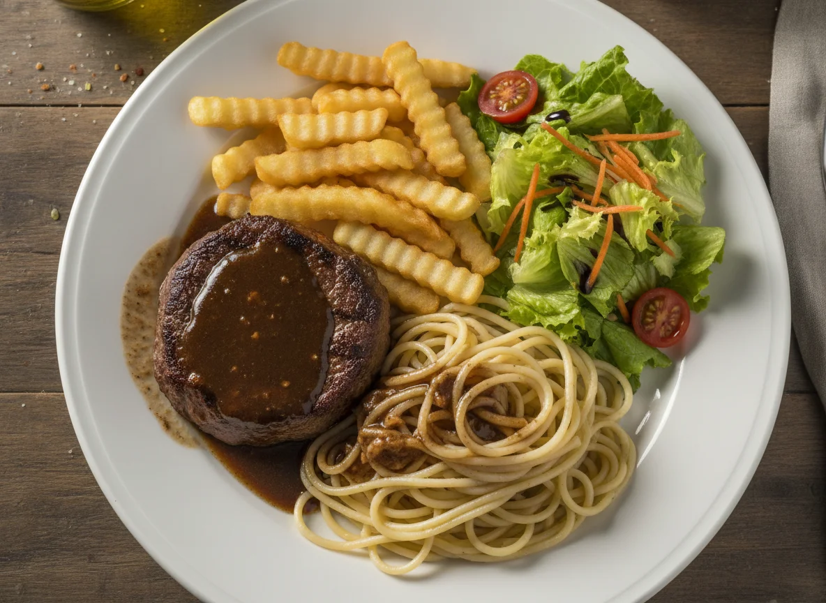 Medallón de carne con pasta, papas fritas y ensalada photo